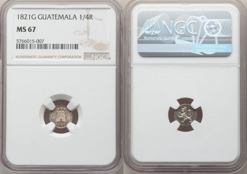 Ferdinand VII 1/4 Real 1821-G MS67 NGC, Nueva Guatemala mint, KM72. Light toning...