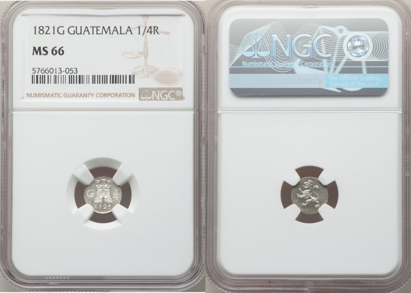 Ferdinand VII 1/4 Real 1821-G MS66 NGC, Nueva Guatemala mint, KM72. White untone...