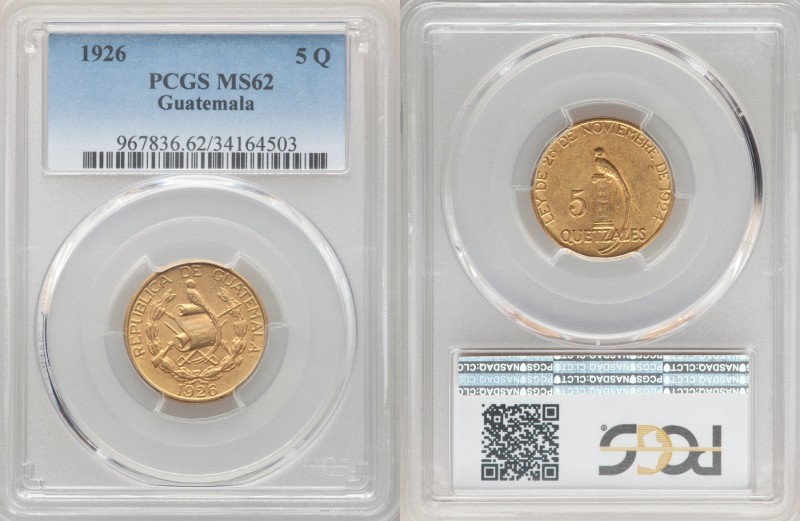 Republic gold 5 Quetzales 1926-(P) MS62 PCGS, Philadelphia mint, KM244. AGW 0.24...