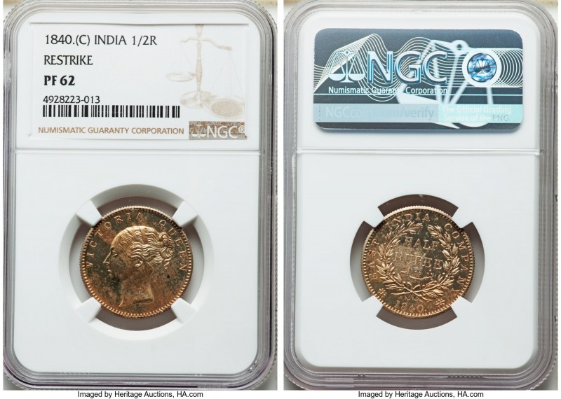 British India. Victoria Proof Restrike 1/2 Rupee 1840.-(c) PR62 NGC, Calcutta mi...