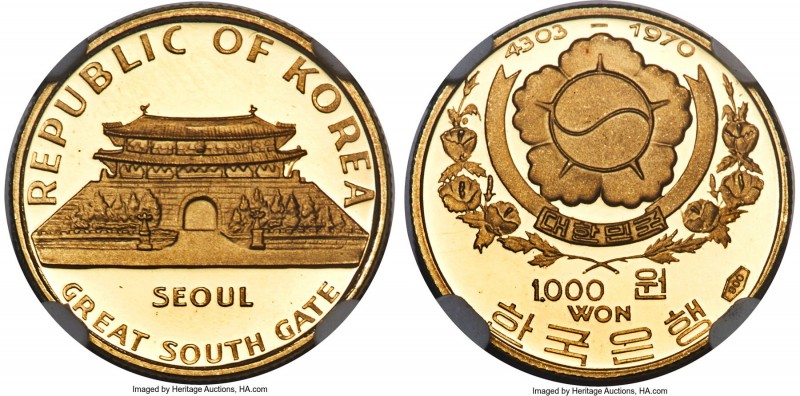 South Korea. Republic gold Proof "South Gate" 1000 Won KE 4303 (1970) PR68 Ultra...