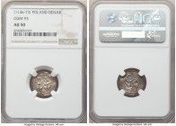 Boleslaw IV Denar ND (1146-1173) AU50 NGC, Gum-93. Princes seated at table facing and holding a cup together / Knight standing with pennant and shield...