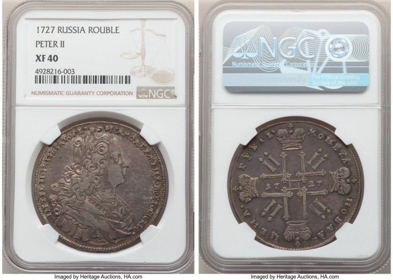 Peter II Rouble 1727 XF40 NGC, Moscow mint, KM182.1, Dav-1667. Stars above head ...