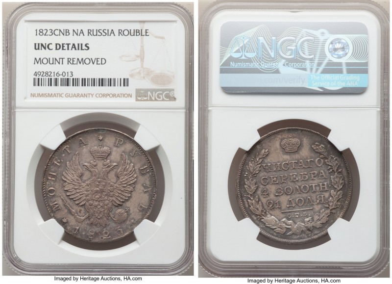 Alexander I Rouble 1823 CПБ-ПД UNC Details (Mount Removed) NGC, St. Petersburg m...