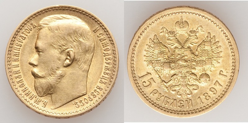 Nicholas II gold 15 Roubles 1897-AΓ XF, St. Petersburg mint, KM-Y65.2. 24.3mm. 1...