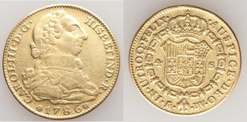 Charles III gold 4 Escudos 1786 M-DV VF (Cleaned, Ex-Jewelry), Madrid mint, KM41...