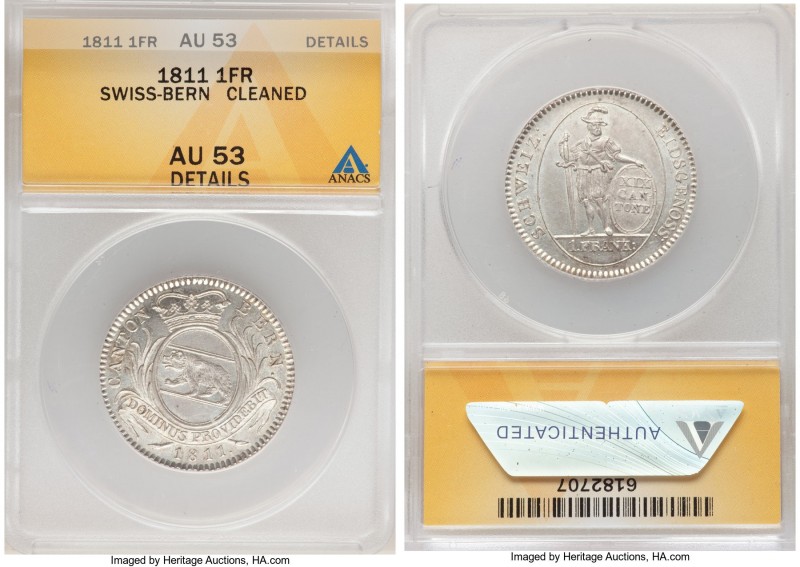 Bern. Canton Franc 1811 AU53 Details (Cleaned) ANACS, KM174. Mintage: 11,000. 
...