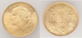 Confederation gold 10 Francs 1922-B UNC, Bern mint, KM36. 18.8mm. 32.2gm. AGW 0.0933 oz. 

HID09801242017

© 2020 Heritage Auctions | All Rights R...