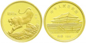 CHINA und Südostasien, China, Volksrepublik, seit 1949
150 Yuan GOLD 1986 Tiger. 8 g. 917/1000. Polierte Platte, Kratzer