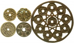 CHINA und Südostasien, Korea, Lots
5 Bronze-Amulette: Op den Velde/Hartill 266, 513, 534 und 637, sowie ein großes "10 Münzen"- Amulett "open work" (7...