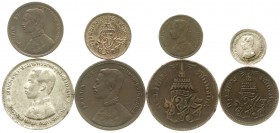CHINA und Südostasien, Thailand, Rama V., 1868-1910
Kl. Typensammlung, 8 versch. Münzen vom 1/2 Att bis zum Baht. schön bis vorzüglich