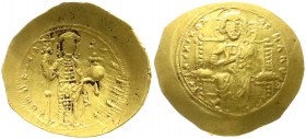 Byzantinische Goldmünzen, Kaiserreich, Constantin X., 1059-1067
Histamenon Nomisma 1059/1067. Kaiser steht v.v. mit Labarum und Kreuzglobus/Christus t...