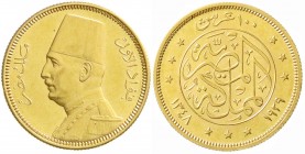 Ausländische Goldmünzen und -medaillen, Ägypten, Fuad I., 1922-1936
100 Piaster 1929. 8,50 g. 875/1000. Auflage nur 3000 Ex. vorzüglich/Stempelglanz...