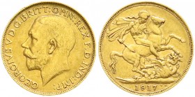 Ausländische Goldmünzen und -medaillen, Australien, Georg V., 1911-1936
Sovereign 1917 P, Perth. 7,98 g. 917/1000. vorzüglich, kl. Randfehler