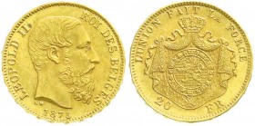 Ausländische Goldmünzen und -medaillen, Belgien, Leopold II., 1865-1909
20 Francs 1875. 6,45 g. 900/1000. vorzüglich/Stempelglanz