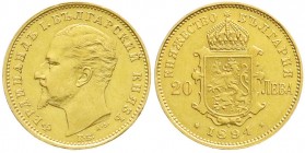 Ausländische Goldmünzen und -medaillen, Bulgarien, Ferdinand I., 1887-1918
20 Lewa 1894 KB, Kremnitz. 6,45 g. 900/1000. vorzüglich
