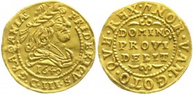 Ausländische Goldmünzen und -medaillen, Dänemark, Frederik III., 1648-1670
Dukat 1649, Kopenhagen, Münzmeister Heinrich Köhler, Stempelschneider Hans ...
