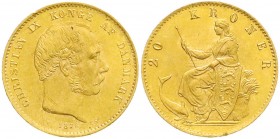 Ausländische Goldmünzen und -medaillen, Dänemark, Christian IX., 1863-1906
20 Kronen 1876 CS. 8,96 g. 900/1000. vorzüglich/Stempelglanz, winz. Randfeh...