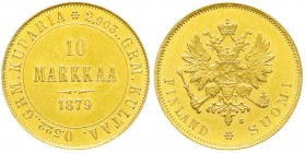 Ausländische Goldmünzen und -medaillen, Finnland, Alexander II., 1855-1881
10 Markkaa 1879. 3,23 g. 900/1000. fast Stempelglanz