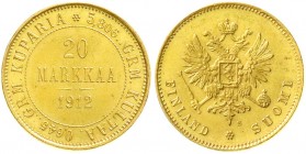 Ausländische Goldmünzen und -medaillen, Finnland, Nikolaus II., 1894-1917
20 Markkaa 1912. 6,45 g. 900/1000. fast Stempelglanz