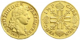 Ausländische Goldmünzen und -medaillen, Frankreich, Ludwig XIV., 1643-1715
Louis d´or a la tete virile 1681 D, Lyon. 6,74 g. vorzüglich/Stempelglanz, ...