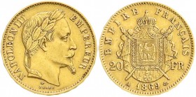Ausländische Goldmünzen und -medaillen, Frankreich, Napoleon III., 1852-1870
20 Francs 1869 A, Paris. 6,45 g. 900/1000. vorzüglich