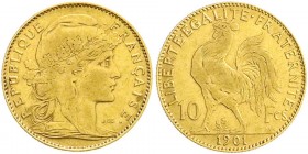 Ausländische Goldmünzen und -medaillen, Frankreich, Dritte Republik, 1871-1940
10 Francs Hahn 1901. 3,23 g. 900/1000. sehr schön
