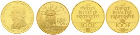 Ausländische Goldmünzen und -medaillen, Frankreich, Fünfte Republik, seit 1958
2 Stück: 100 Francs 1986, Liberty und 1987 La Fayette. Jeweils 17 g. 92...