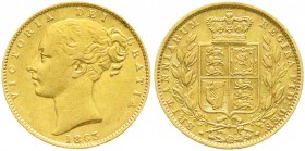 Ausländische Goldmünzen und -medaillen, Grossbritannien, Victoria, 1837-1901
Sovereign 1863 WW incuse. 7,99 g. 917/1000. sehr schön
