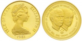 Ausländische Goldmünzen und -medaillen, Insel Man, Elisabeth II., seit 1952
One Crown 1981. Prince Charles und Lady Di. 7,96 g. 917/1000. Aufl. nur 10...
