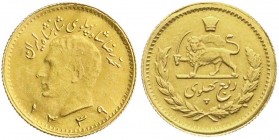 Ausländische Goldmünzen und -medaillen, Iran, Mohammed Reza Pahlavi, 1941-1979
1/4 Pahlavi SH 1339 = 1960. 1,99 g. 917/1000. prägefrisch