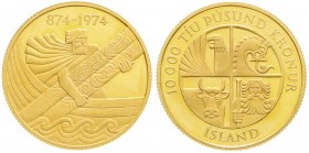 Ausländische Goldmünzen und -medaillen, Island, Republik, seit 1944
10000 Kronur 1974. Ingulfur Arnason in seinem Schiff. 15,5 g. 900/1000. Polierte P...