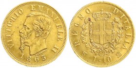 Ausländische Goldmünzen und -medaillen, Italien- Königreich, Vittorio Emanuele II., 1861-1878
10 Lire 1863 BN. 3,23 g. 900/1000. Durchm. 19 mm. vorzüg...