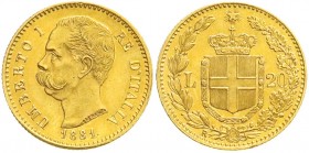 Ausländische Goldmünzen und -medaillen, Italien- Königreich, Umberto I., 1878-1900
20 Lire 1881 R. 6,45 g. 900/1000. vorzüglich/Stempelglanz
