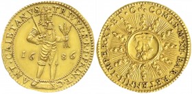 Ausländische Goldmünzen und -medaillen, Italien-Retegno, Antonio Gaetano Trivulzio, 1679-1705
4 Dukaten (2 Doppie) 1686. Stehender Herrscher/Sonne mit...
