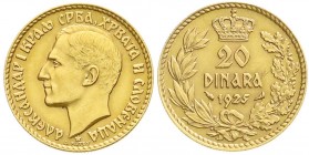 Ausländische Goldmünzen und -medaillen, Jugoslawien, Alexander I., 1921-1934
20 Dinara 1925. 6,45 g. 900/1000 vorzüglich/Stempelglanz