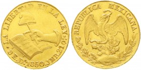 Ausländische Goldmünzen und -medaillen, Mexiko, Republik, seit 1824
8 Escudos 1850 Do JMR, Durango. 26,94 g. 875/1000. vorzüglich, winz. Randfehler