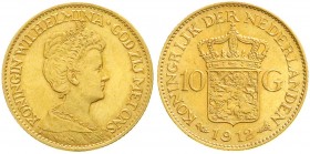 Ausländische Goldmünzen und -medaillen, Niederlande, Wilhelmina, 1890-1948
10 Gulden 1912. 6,73 g. 900/1000. fast Stempelglanz