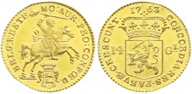 Ausländische Goldmünzen und -medaillen, Niederlande-Westfriesland
14 Gulden 1763, Goldener Reiter. 9,93 g. fast Stempelglanz, kl. Kratzer, Prachtexemp...