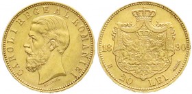 Ausländische Goldmünzen und -medaillen, Rumänien, Carl I., 1866-1914
20 Lei 1890 B, 6,45 g. 900/1000. vorzüglich/Stempelglanz