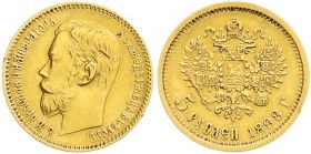 Ausländische Goldmünzen und -medaillen, Russland, Nikolaus II., 1894-1917
5 Rubel 1898, St. Petersburg. 4,3 g. 900/1000. vorzüglich, kl. Randfehler