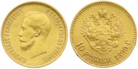 Ausländische Goldmünzen und -medaillen, Russland, Nikolaus II., 1894-1917
10 Rubel 1899, St. Petersburg. 8,61 g. 900/1000. Stempelglanz, min. Randfehl...