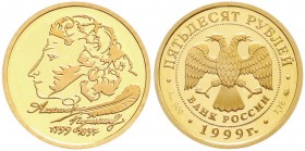 Ausländische Goldmünzen und -medaillen, Russland, Russland, seit 1992
50 Rubel 1999. 200. Geburtstag von Puschkin. 8,75 g. 900/1000. Polierte Platte, ...