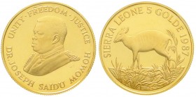 Ausländische Goldmünzen und -medaillen, Sierra Leone, Unabhängig, seit 1961
5 Golde 1987. Zebraducker. 16 g. 917/1000. Polierte Platte