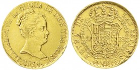 Ausländische Goldmünzen und -medaillen, Spanien, Isabella II., 1833-1868
80 Reales 1838 B PS, Barcelona. 6,7 g. 875/1000. gutes sehr schön, Randfehler...