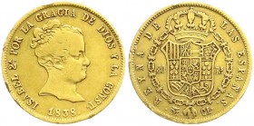 Ausländische Goldmünzen und -medaillen, Spanien, Isabella II., 1833-1868
80 Reales 1838 M CL, Madrid. 6,7 g. 875/1000. schön/sehr schön, Randfehler...