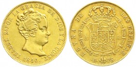 Ausländische Goldmünzen und -medaillen, Spanien, Isabella II., 1833-1868
80 Reales 1840 B PS, Barcelona. 6,7 g. 875/1000. sehr schön