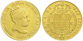 Ausländische Goldmünzen und -medaillen, Spanien, Isabella II., 1833-1868
80 Reales 1840 S RD, Sevilla. 6,7 g. 875/1000. sehr schön