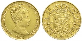 Ausländische Goldmünzen und -medaillen, Spanien, Isabella II., 1833-1868
80 Reales 1847 B PS, Barcelona. 6,7 g. 875/1000. sehr schön/vorzüglich