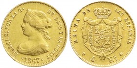 Ausländische Goldmünzen und -medaillen, Spanien, Isabella II., 1833-1868
4 Escudos 1867, sechsstr. Stern, Madrid. 3,3 g. 900/1000. sehr schön, Kratzer...